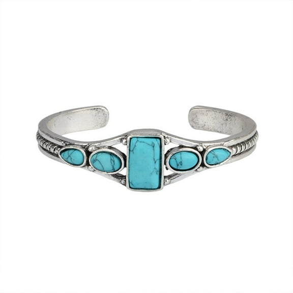 Grandest Birch Women Bohemia Vintage Faux Turquoise Open Bangle Bracelet Cuff Jewelry Gift Alloy Silver