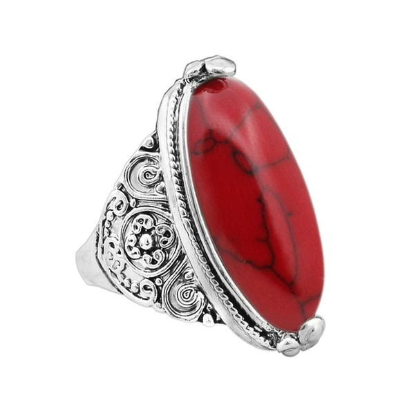 Grandest Birch Women Boho Vintage Oval Turquoise Antique Silver Plated Carving Ring Jewelry Alloy, Turquoise Red