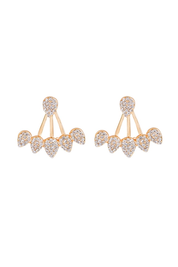 Women Chic Waterdrop Rhinestone Front Back Ear Jacket Piercing Stud Earrings Alloy, Rhinestone Gold