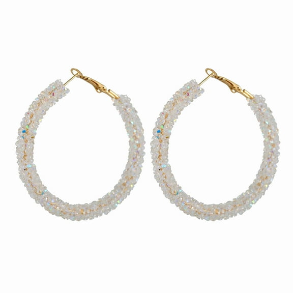 Grandest Birch Women Circle Shape Rhinestone Inlaid Statement Hoop Earrings Jewelry Alloy White