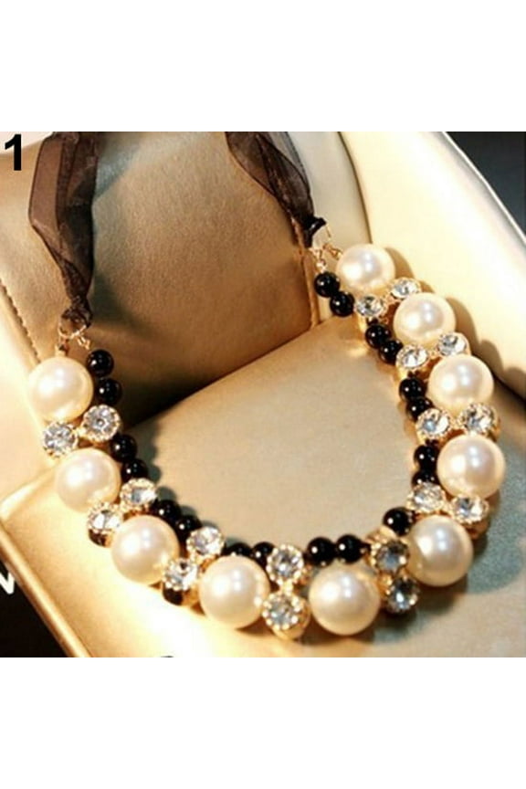 Women Double Row Faux Pearl Adjustable Ribbon Chain Choker Necklace Alloy, Faux Pearl, Rhinestone Multi-color