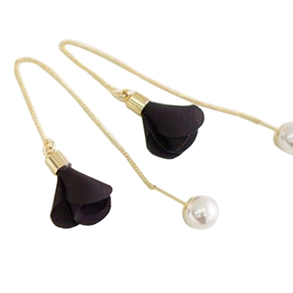 Grandest Birch Women Flower Drop Faux Pearl Dangle Long Chain Earrings Jewelry Charm Metal, Faux Pearl Black