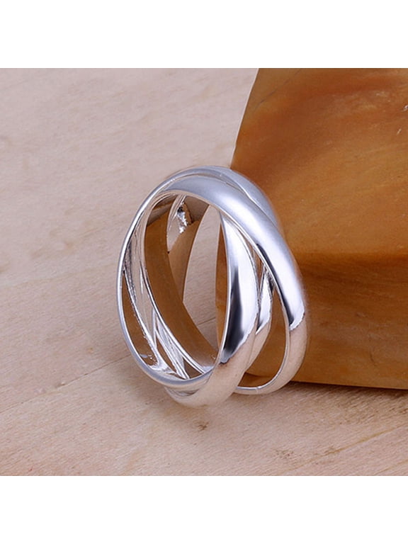 Women Jewelry 925 Sterling Silver Plated Triple Circle Band Ring US Size 6 7 8 9 925 Sterling Silver Plated Silver