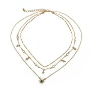 Grandest Birch Women Multi Layer Rhinestone Inlaid Star Pendant Chain Necklace Jewelry Gift Alloy Gold
