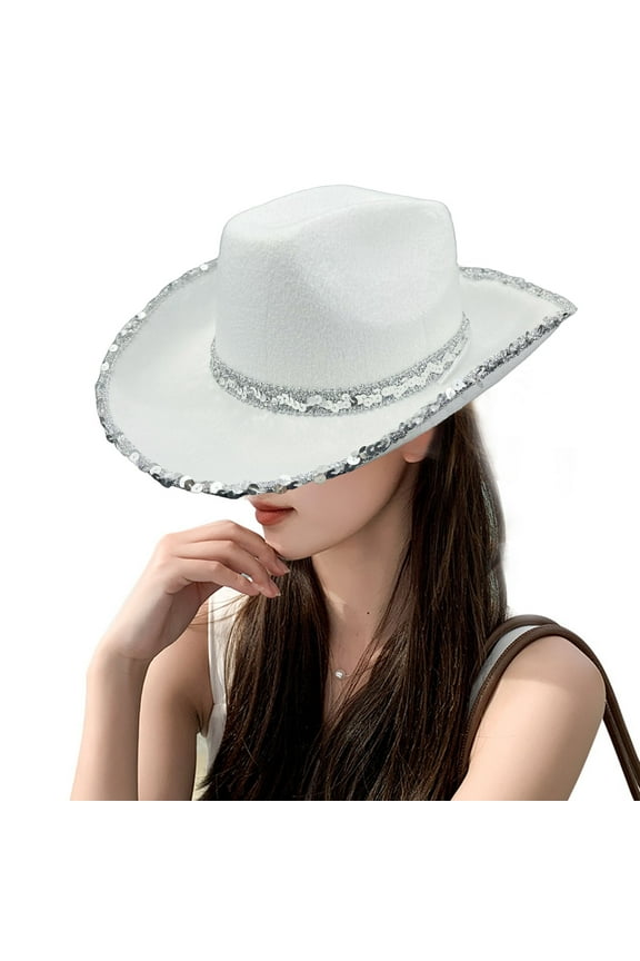 Women Party Hat Bright Color Concave Top Wide Brim Sequin Cosplay Decorative Costume Contrast Color Dance Show Props Western Cowboy Hat Headwear