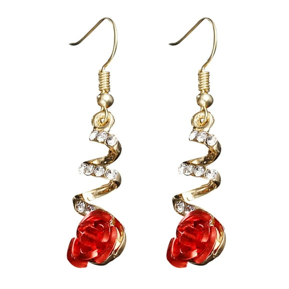 Grandest Birch Women Red Rose Drop Rhinestone Spiral Dangle Hook Earrings Jewelry Gift Alloy Red