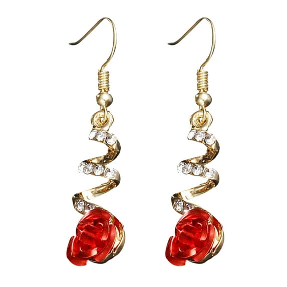 Grandest Birch Women Red Rose Drop Rhinestone Spiral Dangle Hook Earrings Jewelry Gift Alloy Red