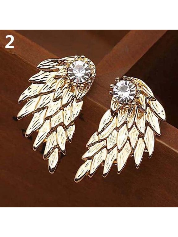 Women Retro Gothic Cool Jewelry Angel Wing Rhinestone Ear Jacket Earrings Alloy, Rhinestone Gold