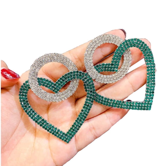 Grandest Birch Women Rhinestone Inlaid Heart Round Dangle Ear Stud Earrings Party Jewelry Gift Alloy, Rhinestone Green