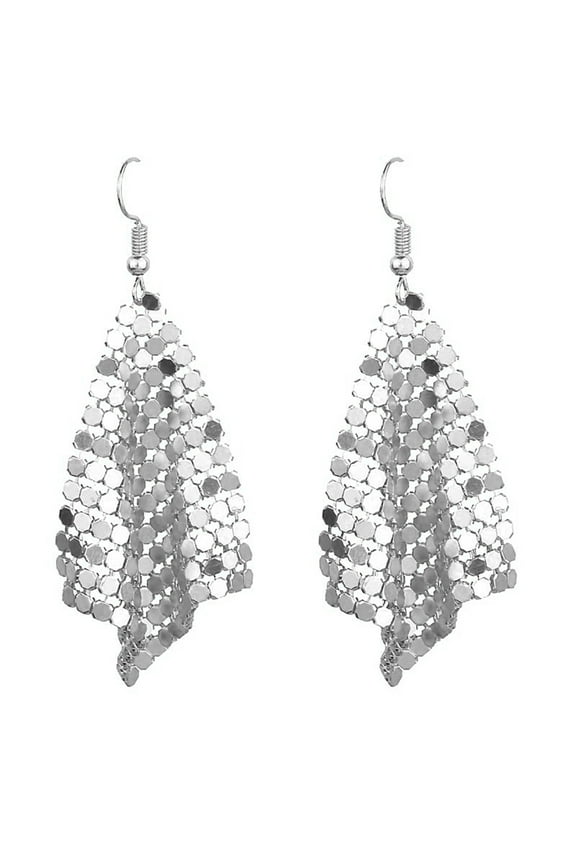 Women Sequins Mesh Dangle Drop Hook Earrings Club Evening Party Jewelry Alloy Silver