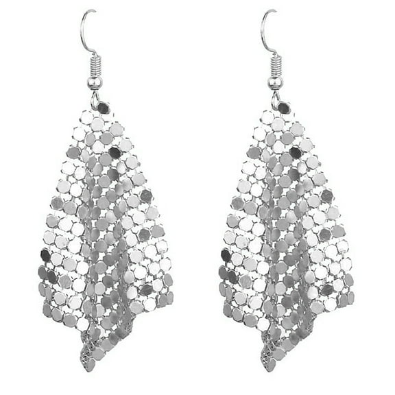Grandest Birch Women Sequins Mesh Dangle Drop Hook Earrings Club Evening Party Jewelry Alloy Silver