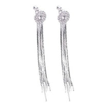 Grandest Birch Women Shiny Rhinestone Long Tassel Dangle Stud Earrings Bride Jewelry Metal Silver
