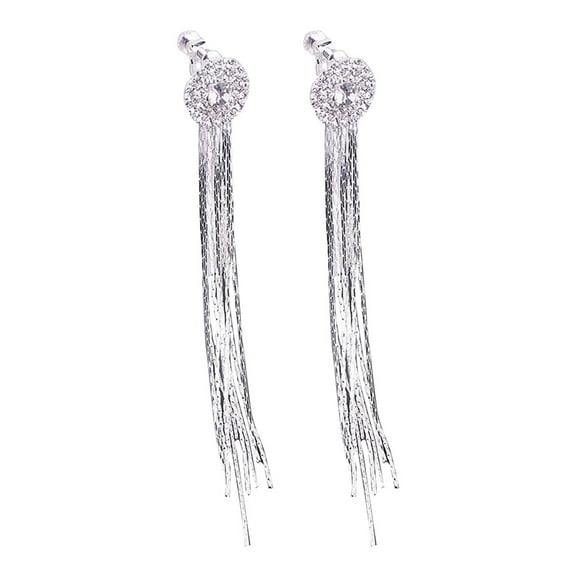 Grandest Birch Women Shiny Rhinestone Long Tassel Dangle Stud Earrings Bride Jewelry Metal Silver