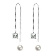 Grandest Birch Women Silver Plated Thin Chain String Dangle Long Line Liner Threader Earrings Faux Pearl + Silver Plated + Rhinest