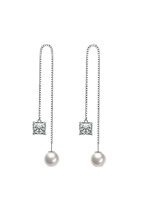 Women Silver Plated Thin Chain String Dangle Long Line Liner Threader Earrings Faux Pearl + Silver Plated + Rhinest