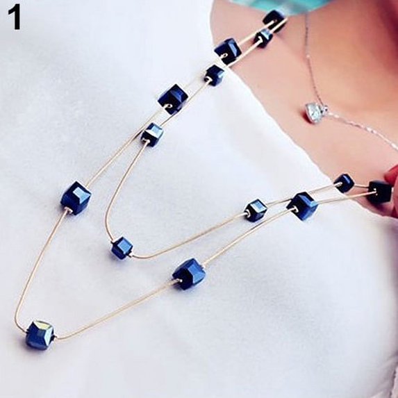 Grandest Birch Women Square Rhinestones Beads 2 Layers Golden Alloy Chain Long Sweater Necklace Alloy, Rhinestone Blue