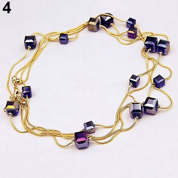 Grandest Birch Women Square Rhinestones Beads 2 Layers Golden Alloy Chain Long Sweater Necklace Alloy, Rhinestone Purple