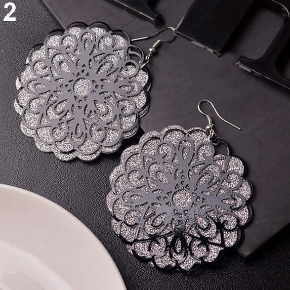 Grandest Birch Women Vintage Ethnic Chic Large Round Hollow Flower Dangle Eardrops Hook Earrings Alloy Black