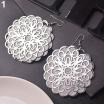 Grandest Birch Women Vintage Ethnic Chic Large Round Hollow Flower Dangle Eardrops Hook Earrings Alloy Silver