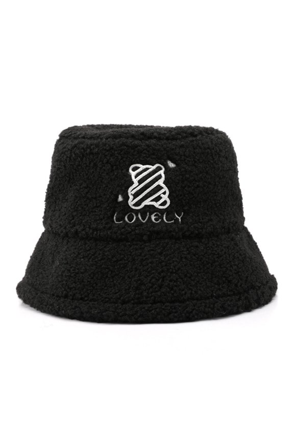 Women Winter Fisherman Hat Thick Plush Cartoon Bear Embroidery Flat Top Windproof Warm Soft Anti-slip Lady Bucket Cap Winter Headwear ,Gift