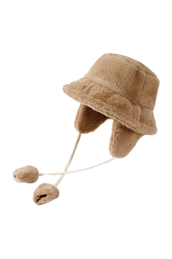 Women Winter Hat Falt Top Wide Brim Ear Thick Plush Pure Color Strap Decor Detachable Earflap Windproof Soft Outdoor Bucket Cap Gift