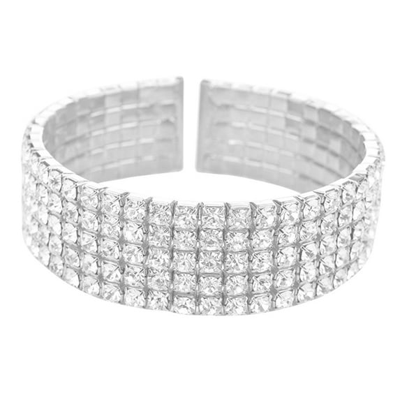 Grandest Birch Women's 5 Rows Clear Rhinestone Wide Bracelet Cuff Open Bangle Bridal Jewelry Alloy, Rhinestone Silver
