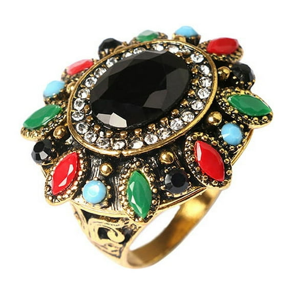 Grandest Birch Women's Ethnic Style Retro Resin Alloy Party Jewelry Big Flower Ring Size 7-10 Alloy, Resin, Rhinestone Multi-color