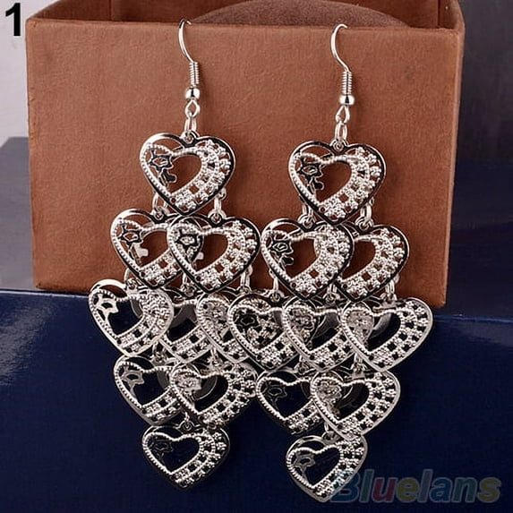 Grandest Birch Women's Hollow Multilayer Sweet Heart Dangle Hook Long Earrings Jewelry Alloy Silver