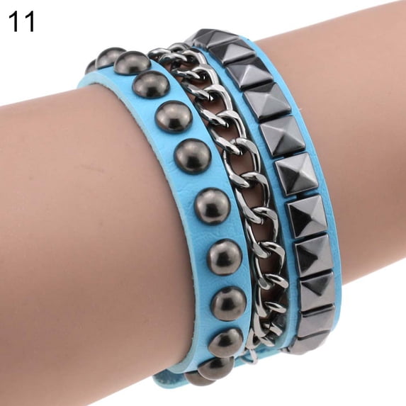 Grandest Birch Women's Layered Punk Rock Rivet Bracelet Studded Faux Leather Metal Chain Bangle Faux Leather + Metal Black