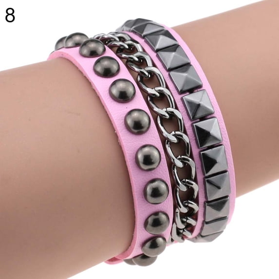 Grandest Birch Women's Layered Punk Rock Rivet Bracelet Studded Faux Leather Metal Chain Bangle Faux Leather + Metal Pink
