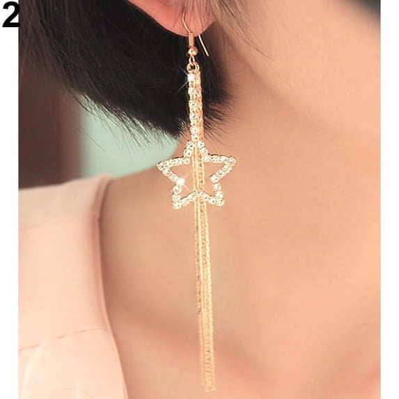 Grandest Birch Women\'s Rhinestone Pentacle Star Drop Long Tassels Chain Hook Dangle Linear Earrings Rhinestone, Alloy Gold