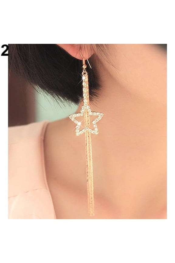 Women\'s Rhinestone Pentacle Star Drop Long Tassels Chain Hook Dangle Linear Earrings Rhinestone, Alloy Gold