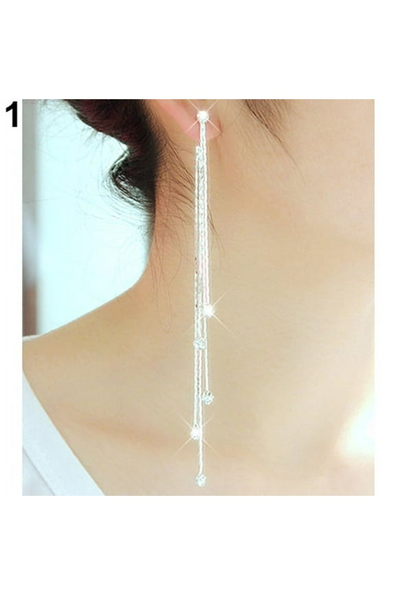 Women\'s Rhinestone Super Long Tassels Drop Dangle Cocktail Party Linear Earrings Rhinestone Silver