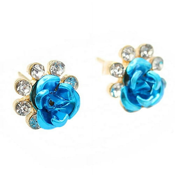 Grandest Birch Women\'s Rose Flower Ear Studs Rhinestone Inlaid Earrings Jewelry Gift Alloy & Rhinestone Black