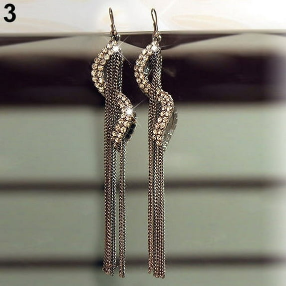 Grandest Birch Women's S-Shape Long Tassels Rhinestone Hook Dangle Linear Earrings Rhinestone Black