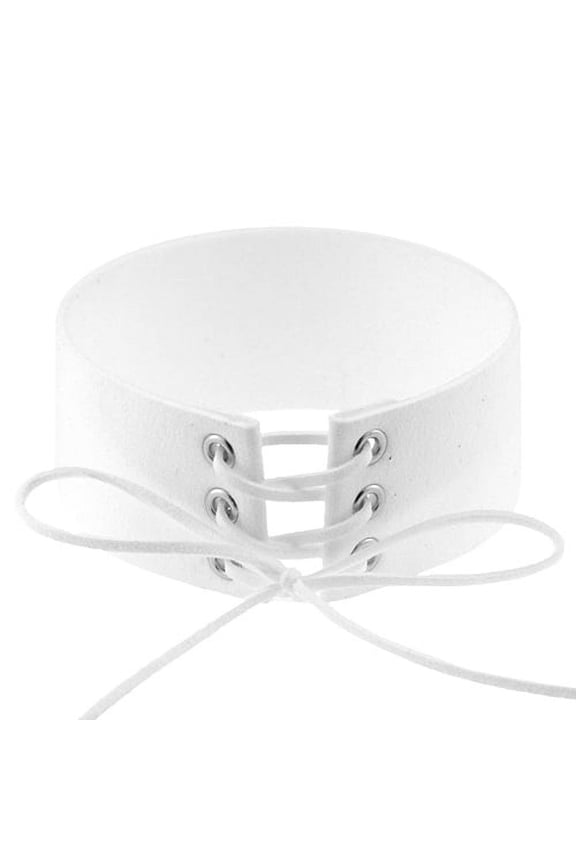 Women's Vintage Punk Gothic Lace Up Faux Suede Wide Choker Short Necklace Faux Suede White