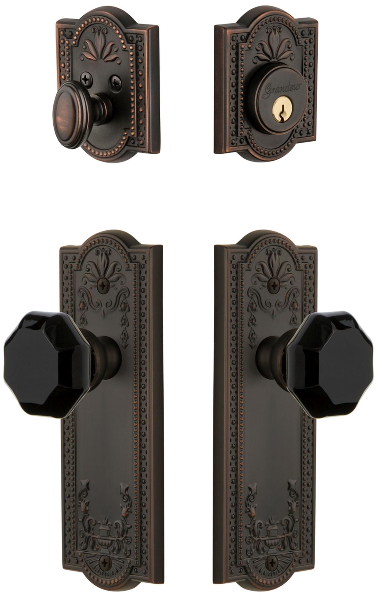 Grandeur Parthenon Plate Single Cylinder Knob Combo Pack with Lyon Knob and matching Deadbolt