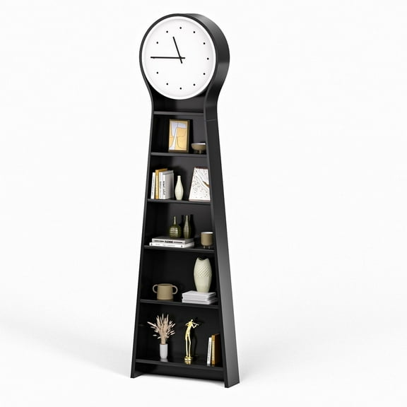 Grandfather Clock Modern Floor Clock with Silent Quartz Movement, Solid Wood Cabinet and 5-Tier Storage Shelf Bookcase for Living Room, Bedroom, Office