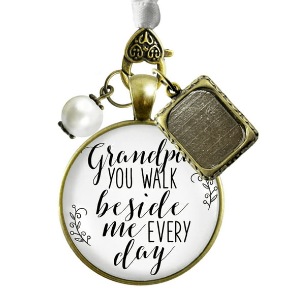 Grandfather Wedding Bouquet Charm Grandpa Beside Me Memorial White Bronze Jewel Frame