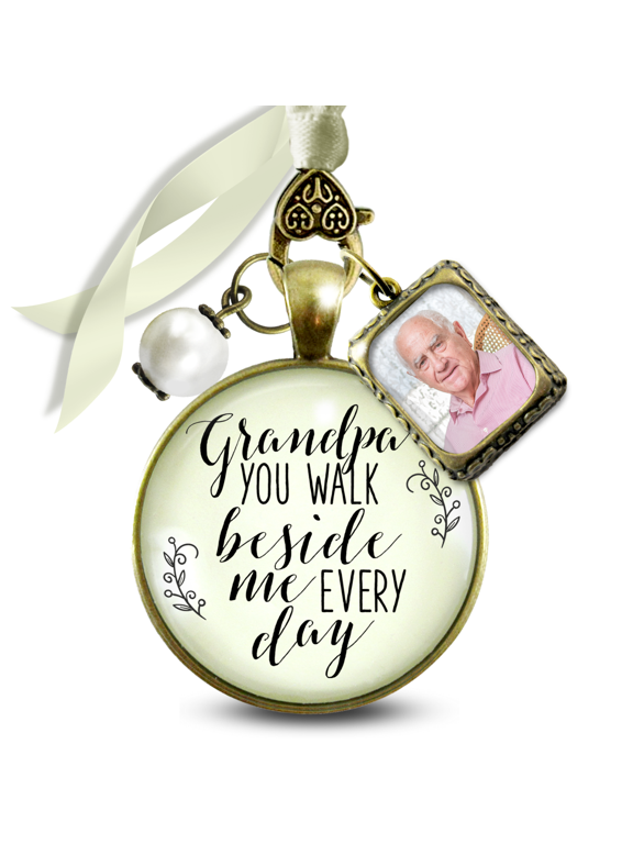 Memorial Wedding Bouquet Charm for Bride Grandpa You Walk Beside Me Every Day Bronze Cream Pendant Photo Frame