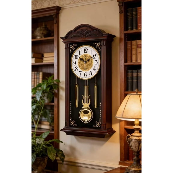 Grandfather Wood Wall Clock With Chime and Swinging Pendulum - 26in Traditional Silent Timepiece - Classic Chiming Design