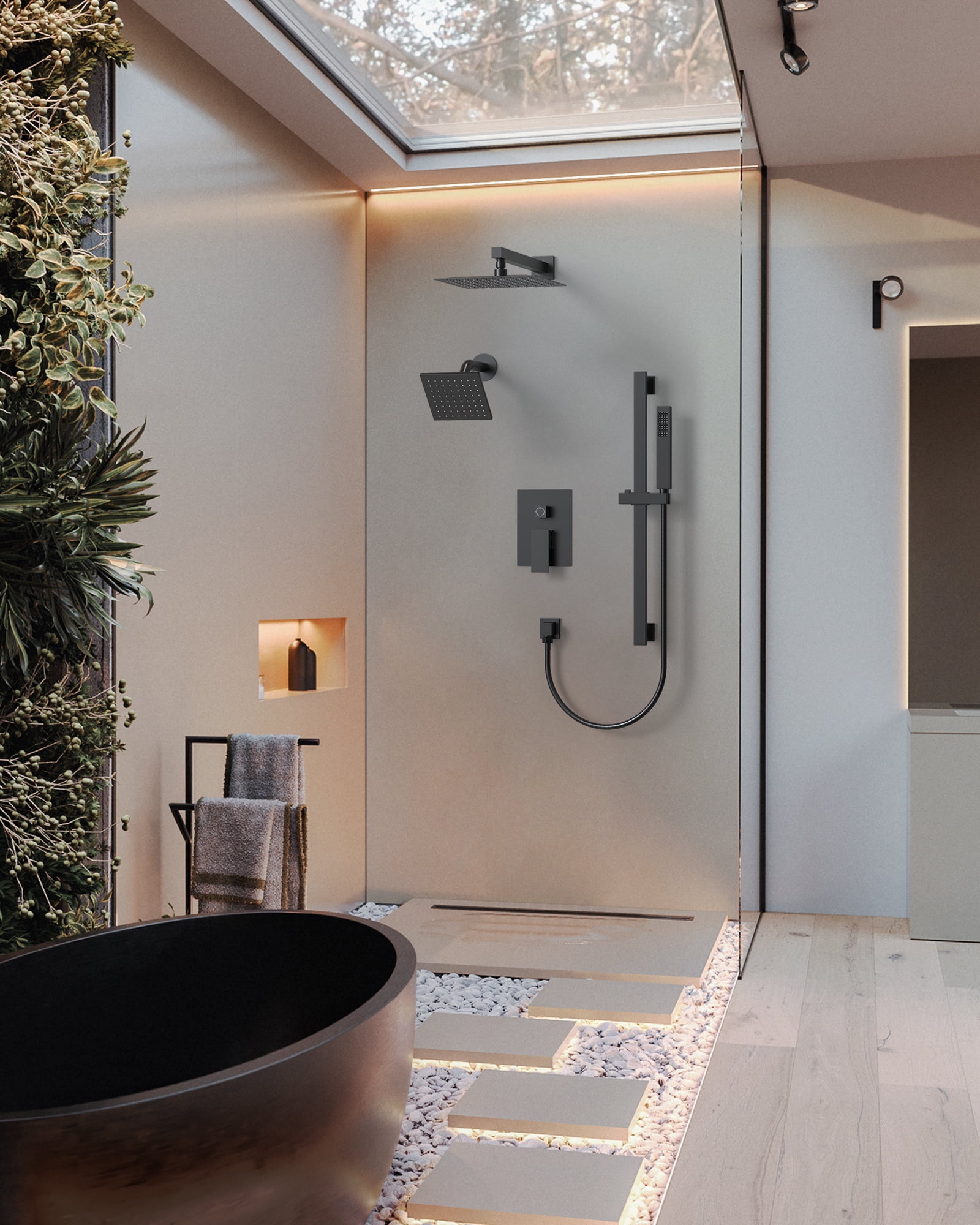 Matte Black Dual Rainfall Shower System with Handheld Spray