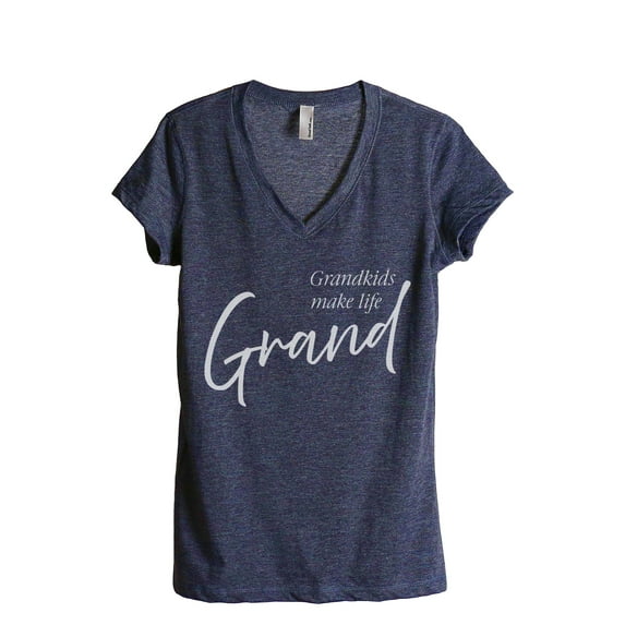 Grandkids Make Life Grand Women's Fashion Relaxed V-Neck T-Shirt Tee Heather Navy 2X-Large