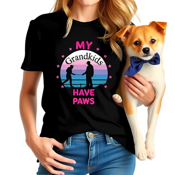 Grandkids Have Paws Cotton Short Sleeve T-Shirt - Heartwarming Design with Colorful Silhouettes of Grandparent and Grandchild Whimsical Stars on Pink and Blue Background