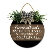 Grandkids Welcome Front Door Sign Funny Wreaths Hanging Wooden Plaque Decoration Round Rustic Wood Farmhouse Porch Decor for Home Front Door Decor, 11 x 11 Inch