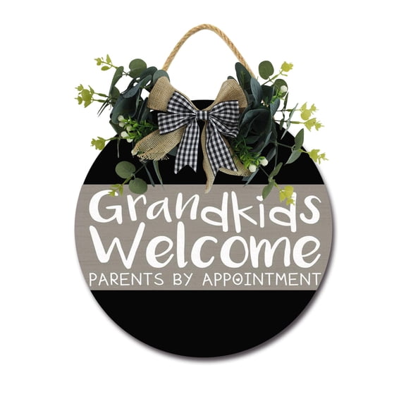 Grandkids Welcome Wooden Front Door Sign Rustic Round Wreath Wall Hanger Porch Decor Four Seasons Farmhouse Decoration Housewarming Gift 11 Inches