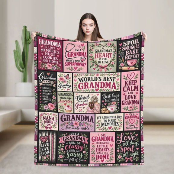 Grandma Blanket Pink Floral Patchwork Loving Quotes Appreciation Gift for Grandmothers 50x40 in