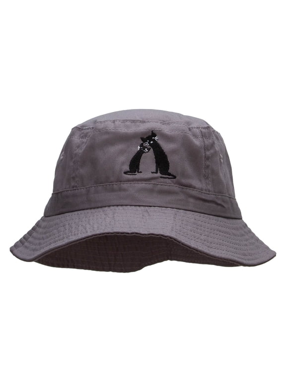 Grandma Cat and Baby Cat Embroidered Pigment Dyed Bucket Hat - Charcoal OSFM