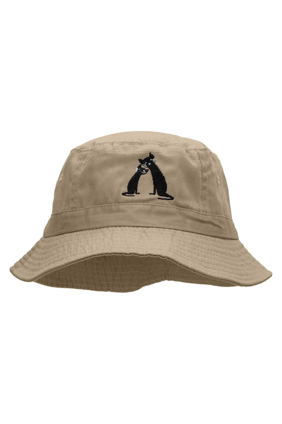 Grandma Cat and Baby Cat Embroidered Pigment Dyed Bucket Hat - Khaki OSFM