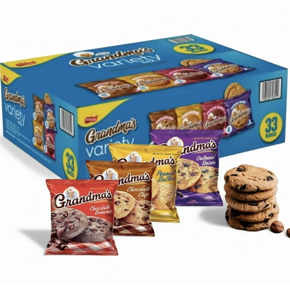 Grandma-Cookies Variety Pack, 33 Individual Bags – Chocolate Chip, Peanut Butter, Oatmeal Raisin, & More – Single Serve Snack Pack Custom Bundled by MOOCHI